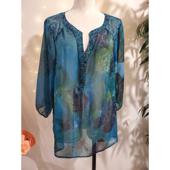 Anthropologie Fig & Flower Sheer Abstract Popover Blouse Top Plus Size 1X Artsy - Picture 1 of 11